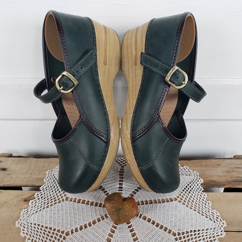 Emerald Green Dansko Pro Clog Marcelle MaryJane Straps Buckle Boho Cottage Gypsy - Picture 5 of 12